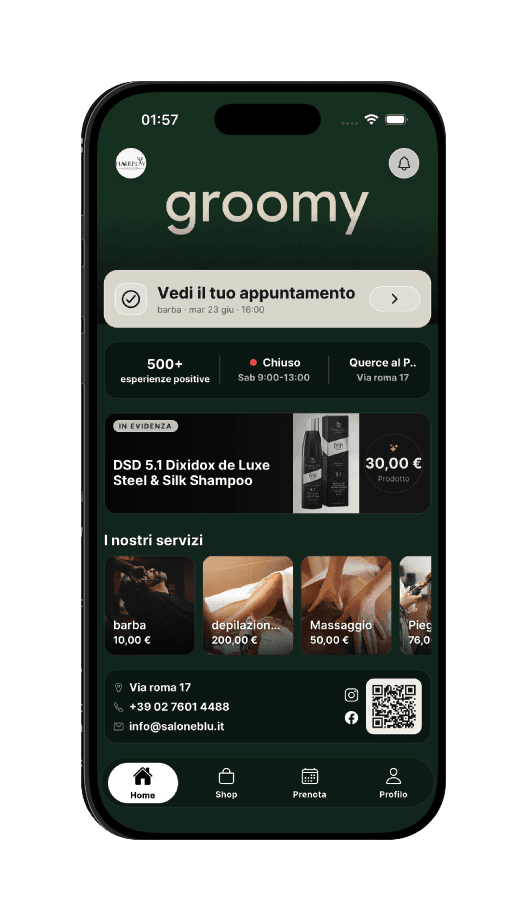 Anteprima dell'app clienti Groomy per prenotare un servizio