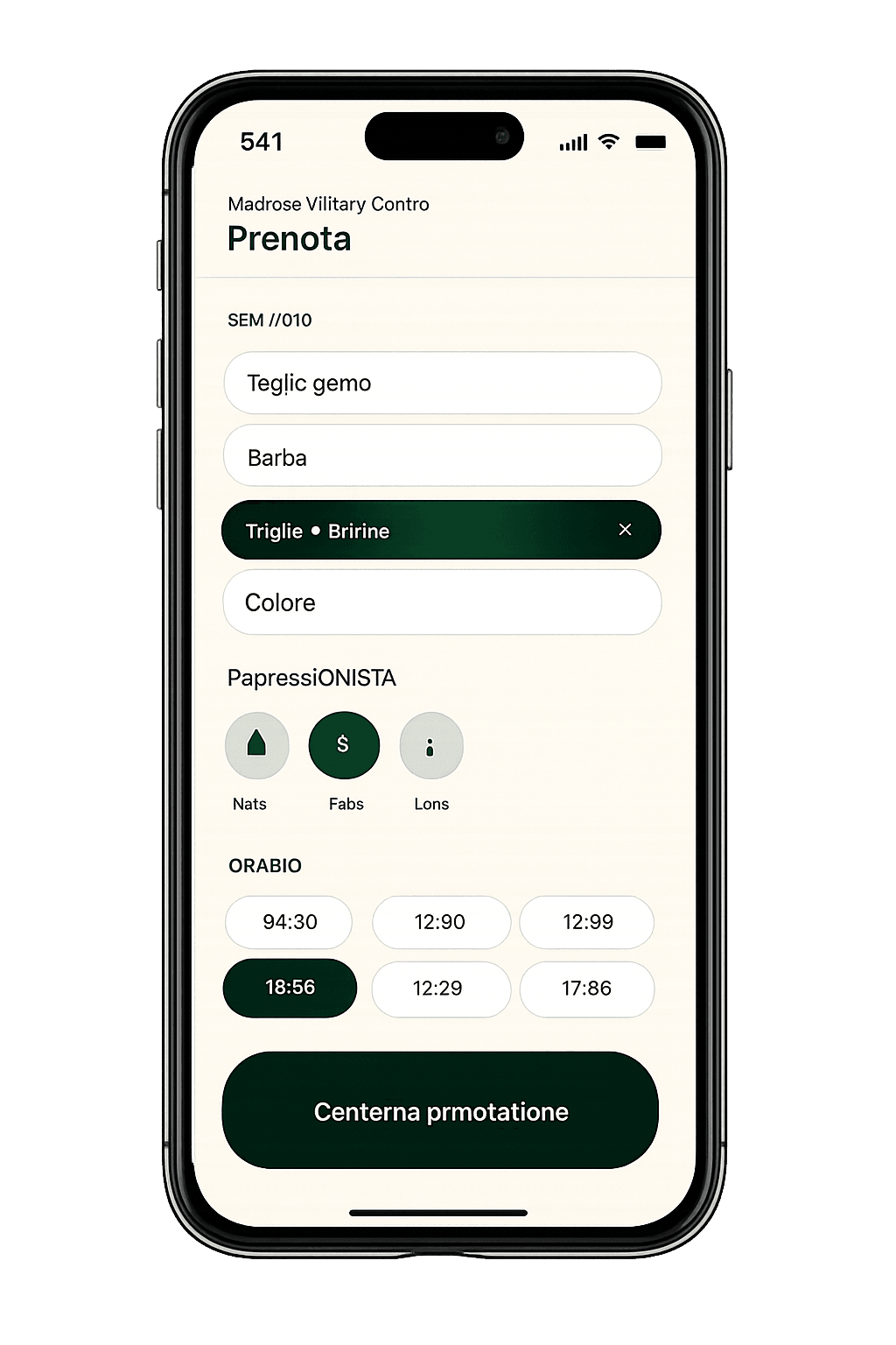 Anteprima dell'app clienti Groomy per prenotare un servizio